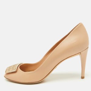 Dior Beige Leather Metal Cannage Plaque Detail Peep Toe Pumps Size 39.5