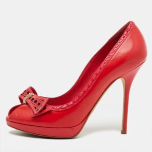luxury-women-dior-used-shoes-p1142642-001 Dior Red Leather Cannage Bow Peep Toe Platform Pumps Size 39