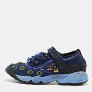 Dior Navy Blue Mesh and Nylon Fusion Floral Embellished Slip On Sneakers Size 37