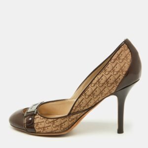 Dior Brown Oblique Canvas and Patent Leather Vintage Logo Pumps Size 37