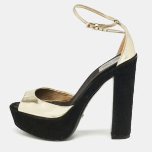 Dior Gold Leather and Suede Block Heel Ankle Strap Sandals Size 37.5