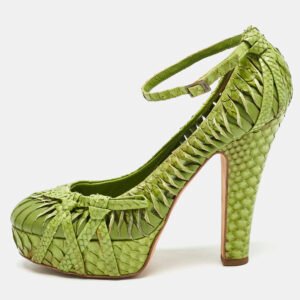 Dior Green Python Leather Knot Detail Ankle Strap Platform Pumps Size 38.5