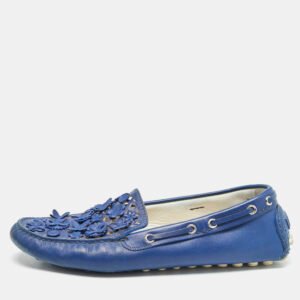 Dior Blue Laser Cut Floral Embellished Leather Flore Loafers Size 39.5