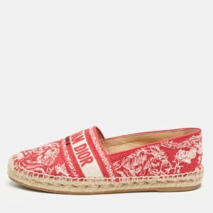 Dior Red/Off White Embroidered Canvas Granville Espadrille Flats Size 38
