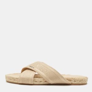 Dior Beige Embroidered Canvas Granville Espadrille Criss Cross Flat Sandals Size 40.5