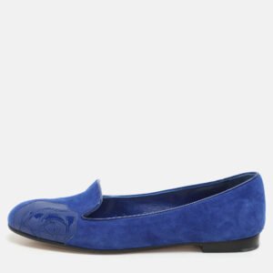Dior Blue Patent Leather and Suede Rose Smoking Slippers Size 36