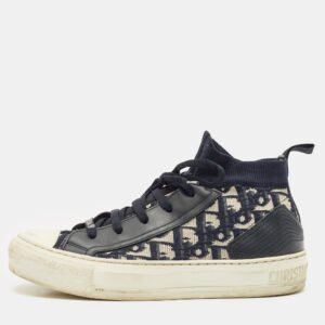 Dior Navy Blue/White Oblique Knit Fabric And Leather Walk'n'Dior High Top Sneakers Size 37.5