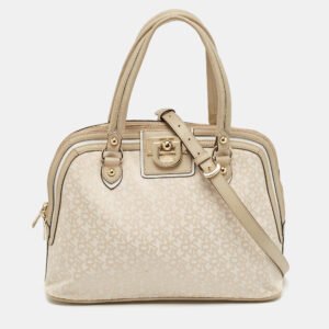 DKNY Cream/Beige Signature Canvas and Leather Dome Satchel
