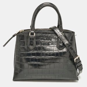 DKNY Black Croc Embossed Leather Logo Satchel