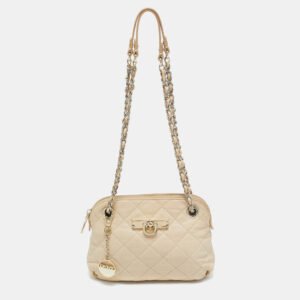 DKNY Light Beige Quilted Leather Small Zip Shoulder Bag