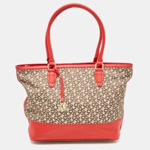 DKNY Red/Beige Signature Canvas and Leather Zip Tote