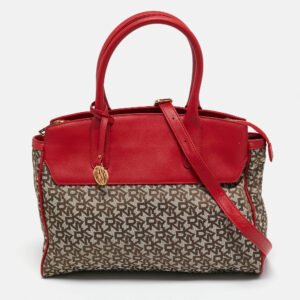 Dkny Red/Beige Monogram Fabric and Leather Zip Tote