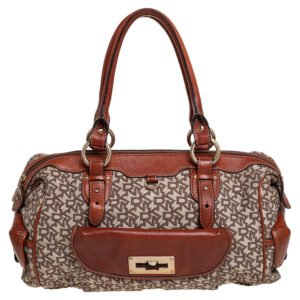DKNY Beige/Brown Signature Canvas and Leather Satchel