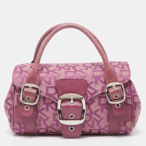 Dkny Magenta Signature Canvas and Lizard Embossed Leather Buckle Flap Satchel