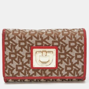 DKNY Beige/Red Signature Canvas and Leather French Wallet