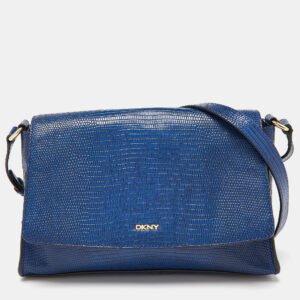 DKNY Blue Croc Embossed Leather Bryant Flap Crossbody Bag