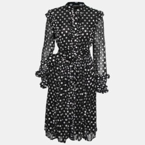 luxury-women-dodo-baror-used-clothes-p627559-001 Dodo Baror Black & Silver Polka Dotted Chiffon Ruffle Trimmed Belted Dress M
