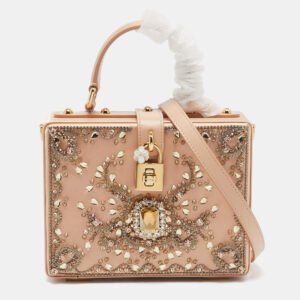 Dolce & Gabbana Beige Satin and Leather Crystal Embellished Rosaria Box Top Handle Bag