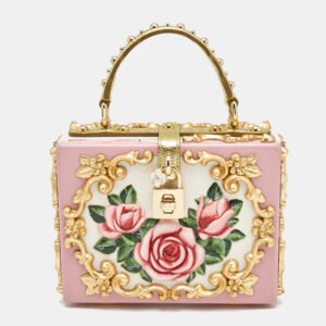 Dolce & Gabbana Pink/Gold Roses Baroque Acrylic Dolce Box Top Handle Bag