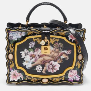 Dolce & Gabbana Black Rose and Cherub Painted Wood Dolce Box Top Handle Bag