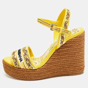 Dolce & Gabbana Yellow Embroidered Canvas Majolica Wedge Sandals Size 38