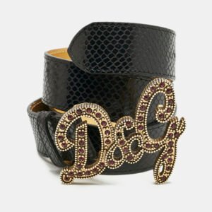 D&G Black Snake Embossed Leather DG Crystals Embellished Belt 105