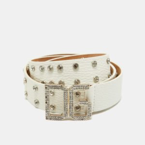 Dolce & Gabbana White Leather Crystals Embellished Logo Buckle Belt 85CM