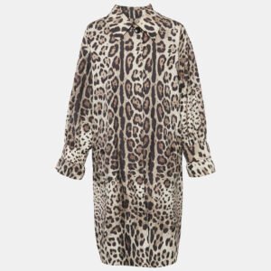 Dolce & Gabbana Brown/Beige Leopard Print Synthetic Button Front Long Coat M
