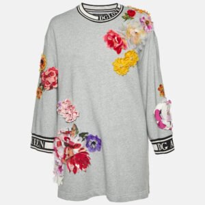 luxury-women-dolcegabbana-used-clothes-p1114038-001 Dolce & Gabbana Grey Cotton Floral Appliqued Crew Neck Sweatshirt M