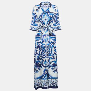 Dolce & Gabbana White/Blue Majolica Print Silk Shirt Dress XS