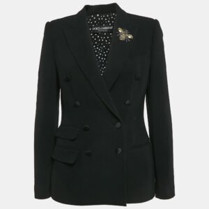 Dolce & Gabbana Black Bee Embroidery Wool Double Breasted Blazer M