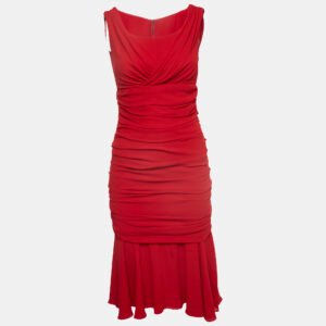 Dolce & Gabbana Red Silk Draped Sleeveless Midi Dress S