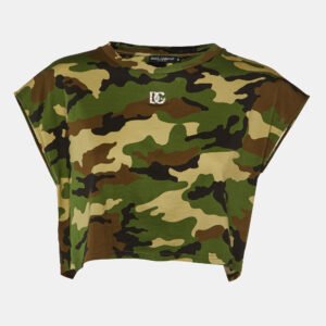 Dolce & Gabbana Green Logo Detail Camouflage Print Jersey Crop T-Shirt S
