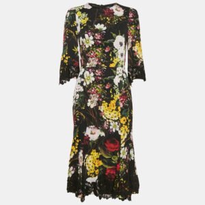 Dolce & Gabbana Black Floral Print Silk Lace Trim Midi Dress M