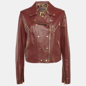 dolce & gabbana burgundy leather zip-up slim fit riders jacket xl