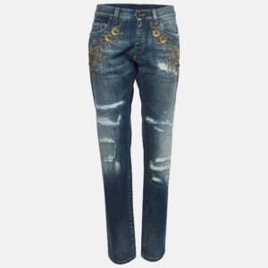 Dolce & Gabbana Navy Blue Ripped Denim Crystal Embellished Jeans L Waist 33"