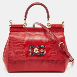 Dolce & Gabbana Red Lizard Embossed Leather Small Crystals DG Miss Sicily Bag