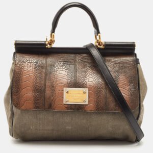 Dolce & Gabbana Tricolor Ostrich Leg Leather and Canvas Large Miss Sicily Top Handle Bag