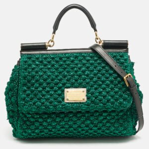 dolce & gabbana green/black crochet lurex fabric large miss sicily top handle bag