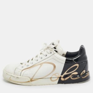 Dolce & Gabbana White/Black Leather and Patent Logo Print Portofino Sneakers Size 37