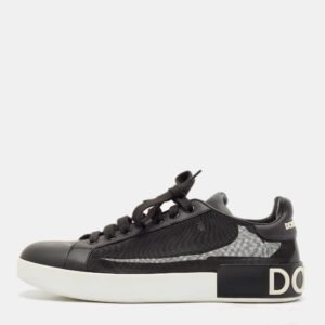 Dolce & Gabbana Black Leather and Mesh Portofino Low Top Sneakers Size 40