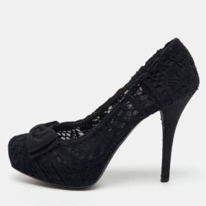 Dolce & Gabbana Black Crochet Lace Bow Platform Pumps Size 40