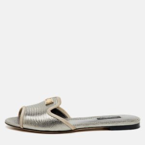 Dolce & Gabbana Silver Iguana Laminated Leather Flat Slide Sandals Size 36.5