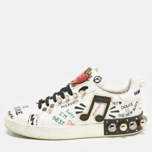 Dolce & Gabbana White Leather Portofino Graffiti Heart Applique Low top Sneakers Size 39