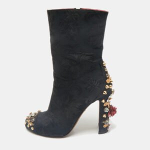 Dolce & Gabbana Black Brocade Fabric Crystal Embellished Ankle Length Boots Size 38
