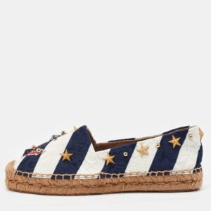 Dolce & Gabbana Navy Blue/White Striped Brocade Fabric Star Studded Espadrille Flats Size 35