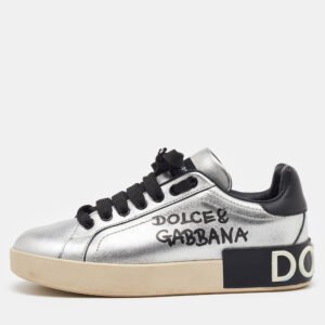 Dolce & Gabbana Silver/Black Leather Low Top Sneakers Size 35