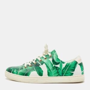 Dolce & Gabbana Green/White Leather Banana Leaf Print Low Top Sneakers Size 40