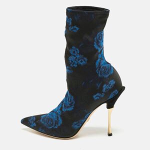 Dolce & Gabbana Black/Blue Knit Fabric Rose Gardinale Ankle Length Boots Size 37.5