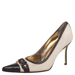 Dolce & Gabbana Vintage Beige/Brown Canvas And Leather Logo Embellished Cap Toe Pumps Size 38